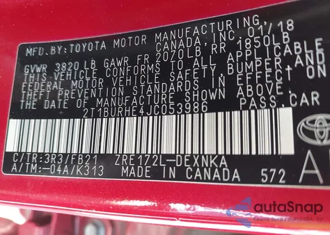 2018 Toyota Corolla Le from USA, damaged, VIN 2T1BURHE4JC053986